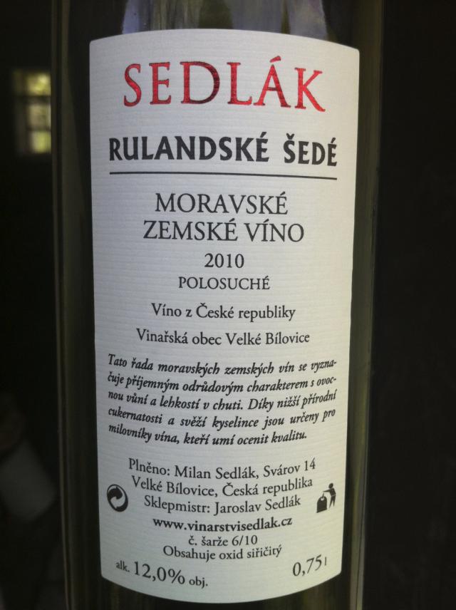 Rulandské šedé 2010 Zemské víno, Sedlák