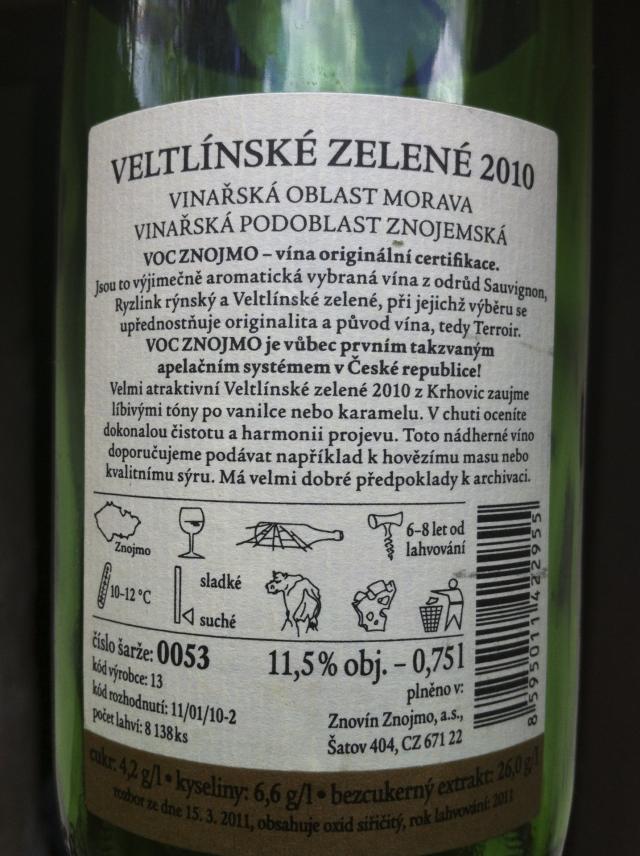 Veltlínské zelené 2010 VOC, Znovín Znojmo, a.s.